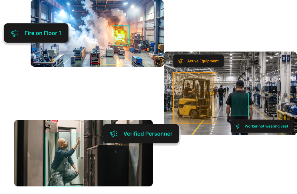 LiveReach AI alerts on industrial cameras: fire on the floor, active equipment, a worker not wearing a vest and verified personnel