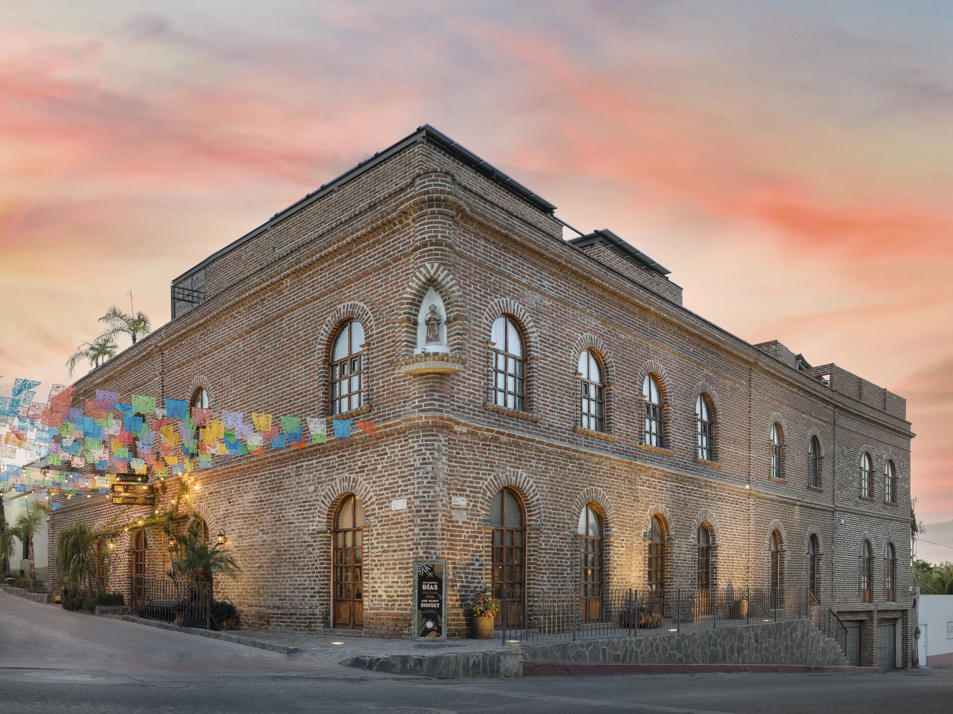 Facade of Guaycura Hotel Galería in central Todos Santos