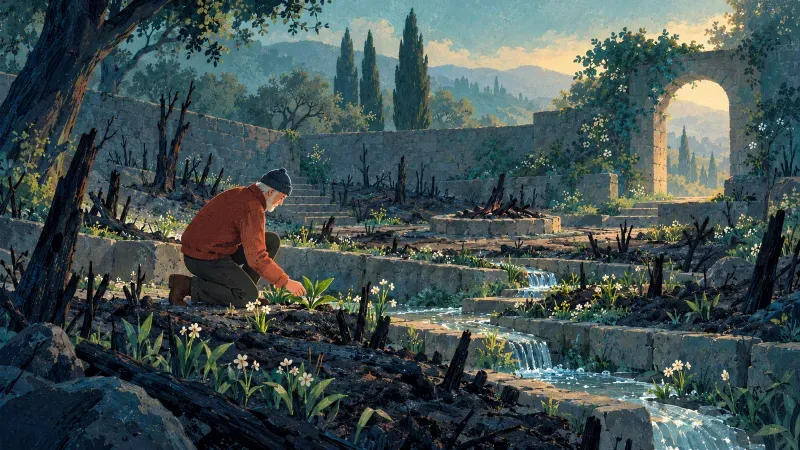 Man tending new leaves in a scorched walled garden where spring water flows through stone channels.
