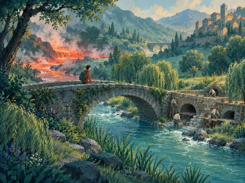 Man on a stone bridge above a river changing from steaming red upstream to clear water beside working masons.