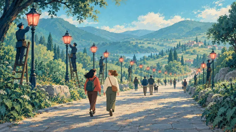 Two friends walking a sunny valley road lined with red lamps tended by lamplighters.