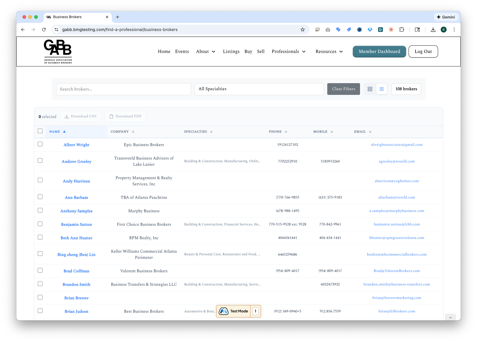 Business Brokers Table View