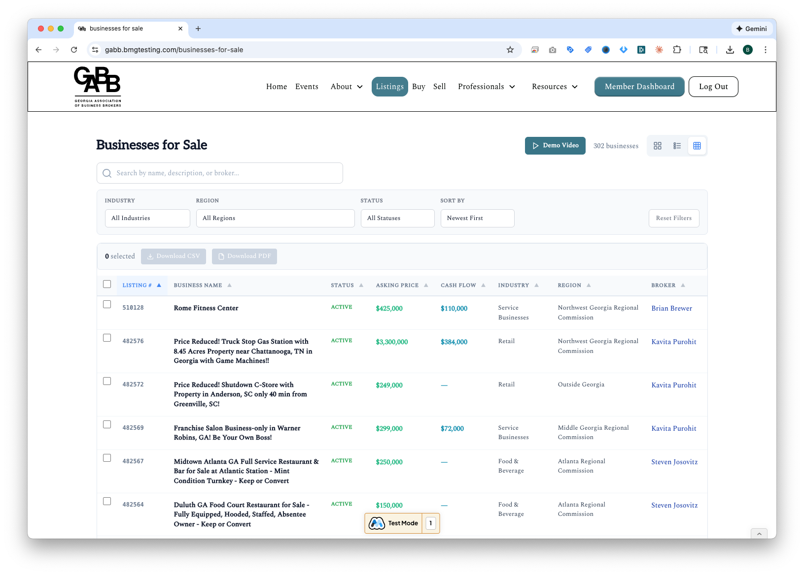 Businesses for Sale Table View