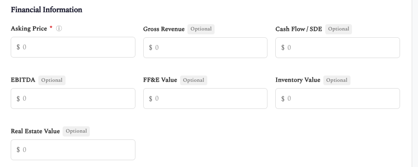 Create Listing - Financial Information