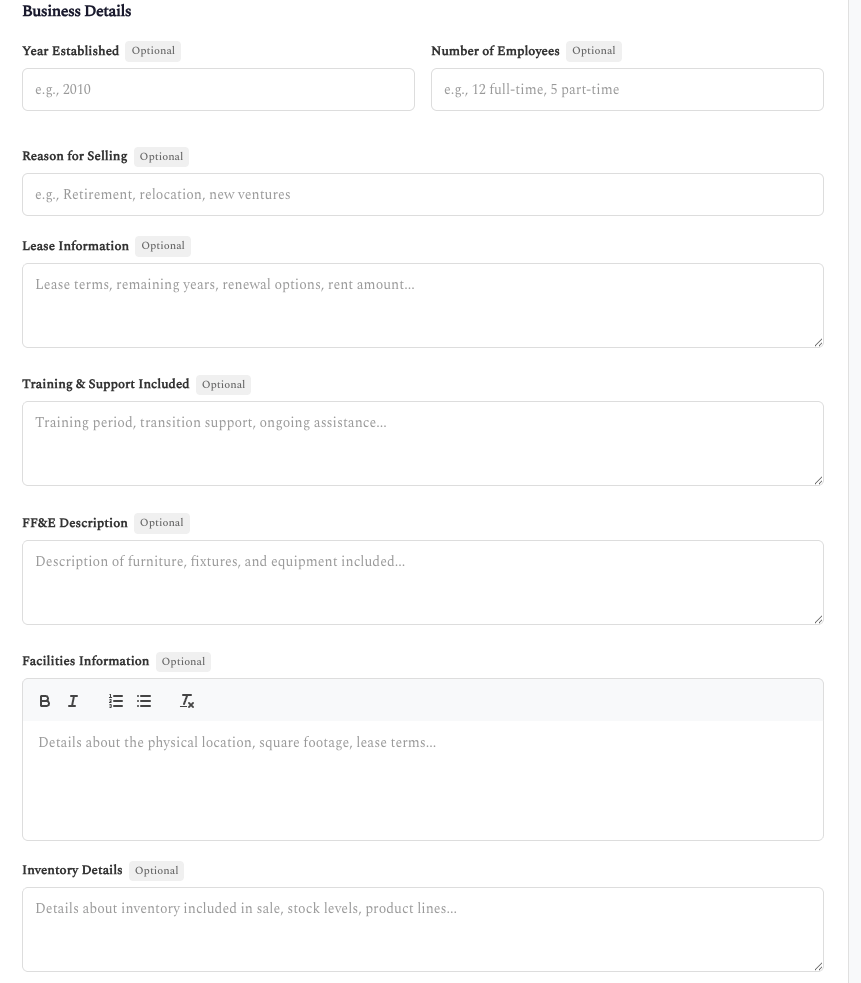 Create Listing - Business Details
