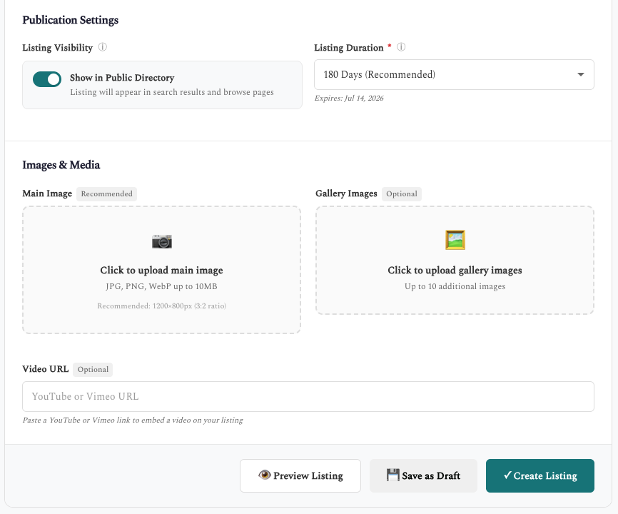 Create Listing - Images and Media