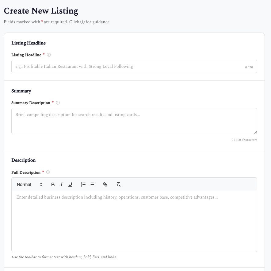 Create Listing - Basic Information