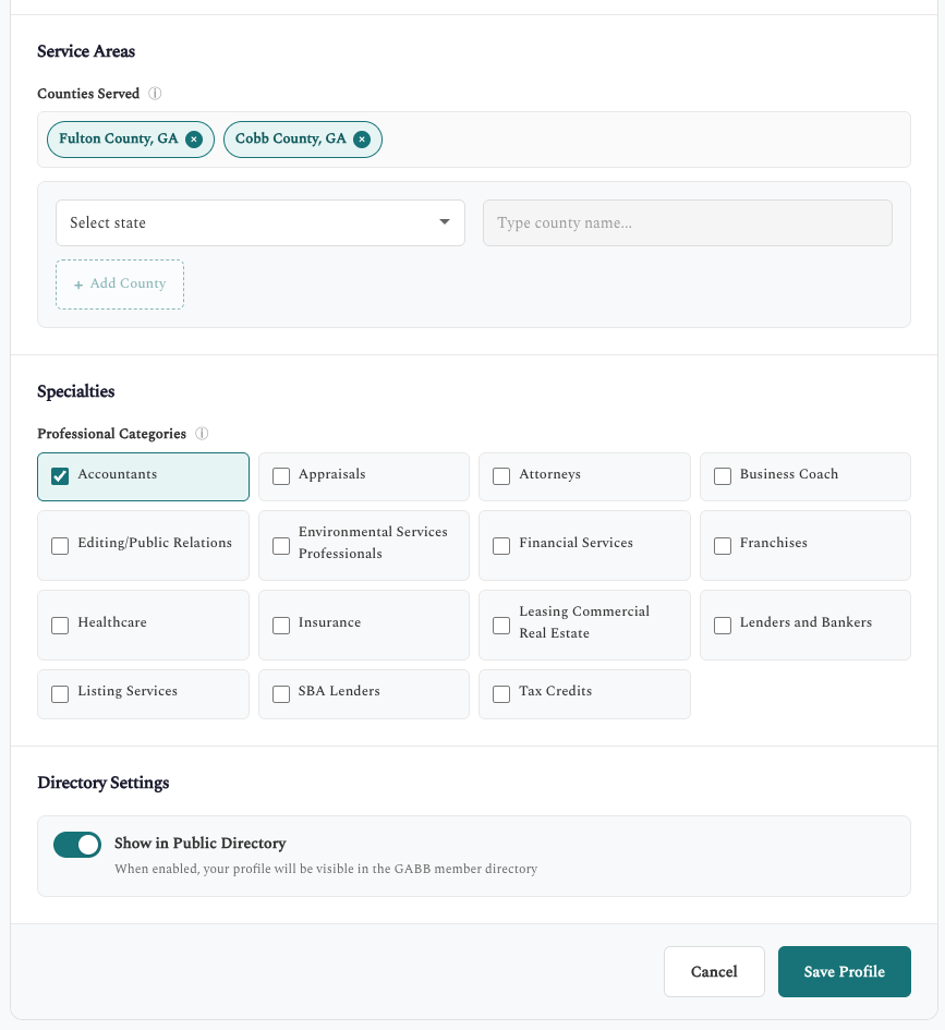 Profile - Service Areas and Settings