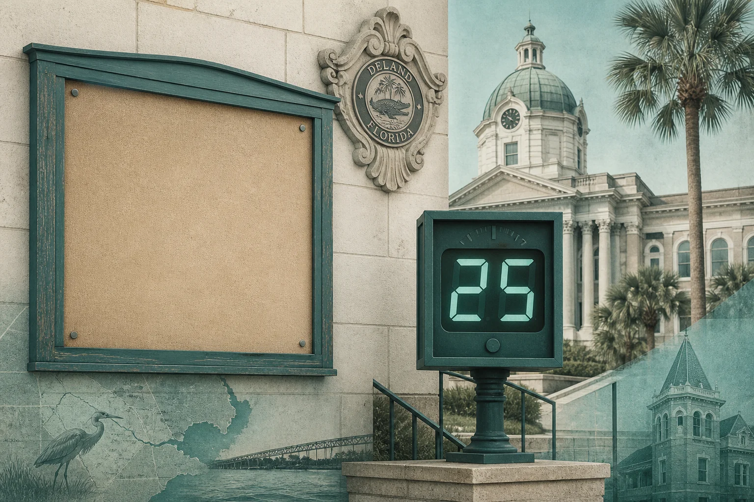 Editorial collage of a blank DeLand courthouse notice board next to a countdown clock set to 25 days, illustrating the Volusia County VAB filing window