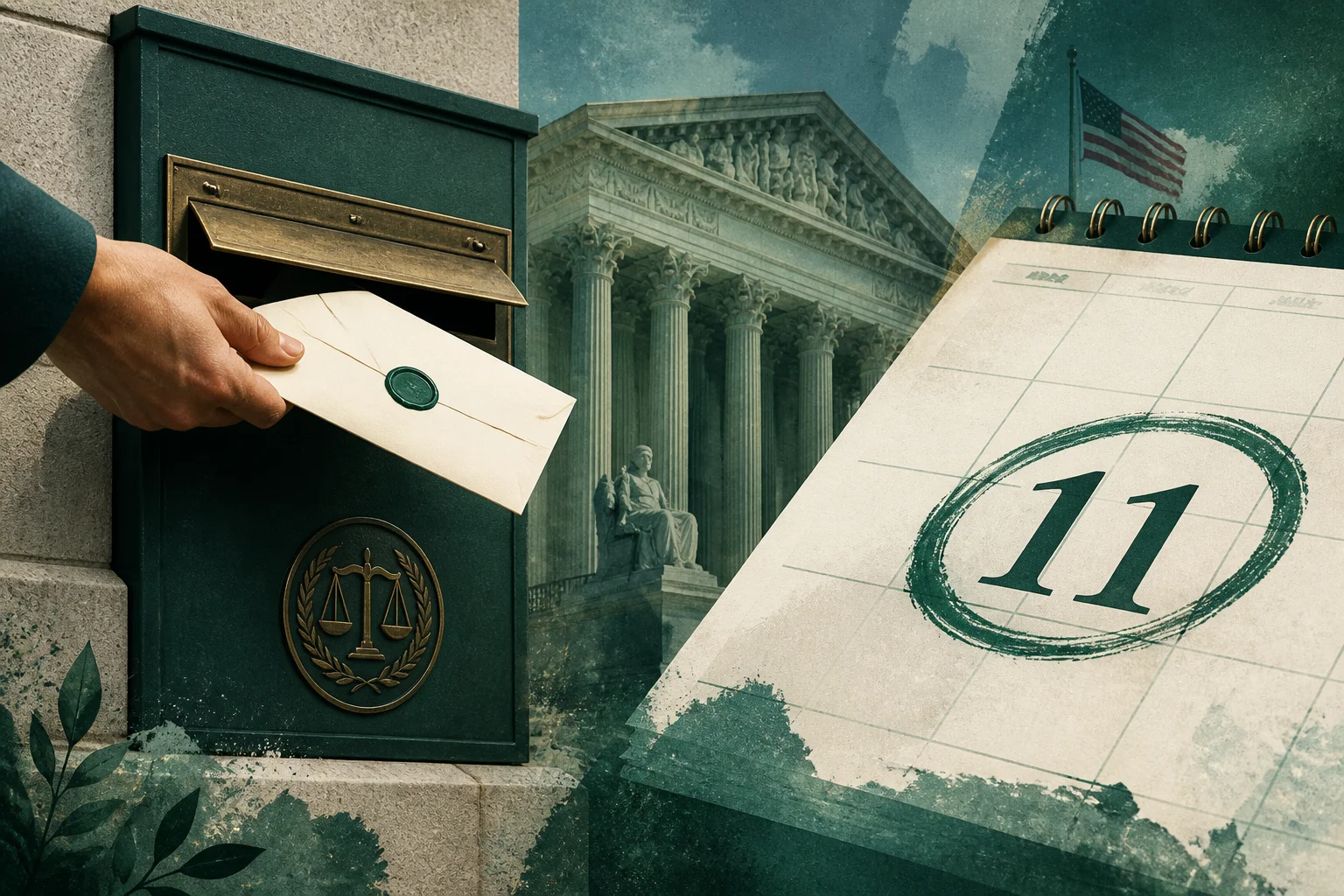 Editorial collage of a sealed petition envelope being dropped into a DeLand courthouse mailbox slot next to an oversized calendar page showing September 11