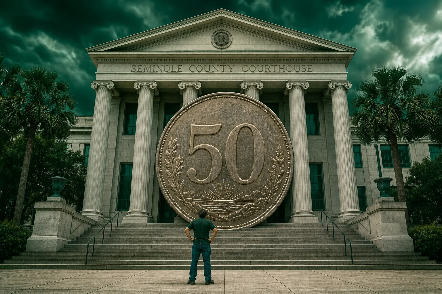 Editorial collage of a tiny homeowner in front of a large Seminole County courthouse with an oversized fifty-dollar coin blocking the entrance, illustrating the statutory-maximum filing fee