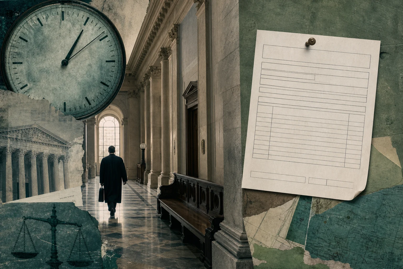 Editorial collage of a Seminole County courthouse hallway with a ticking countdown clock and a blank Form DR-486 pinned to the wall
