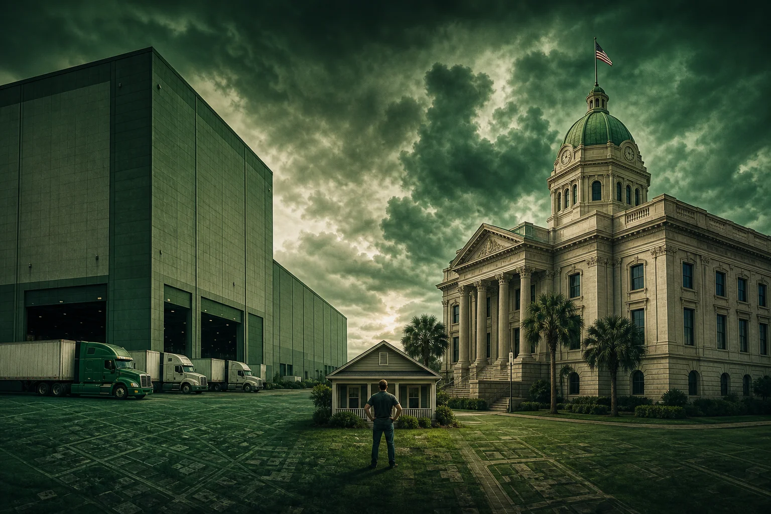 Editorial collage of a tiny homeowner standing between a massive Lakeland warehouse and a large Bartow courthouse, illustrating Polk County's high county millage rate and non-homestead-heavy roll