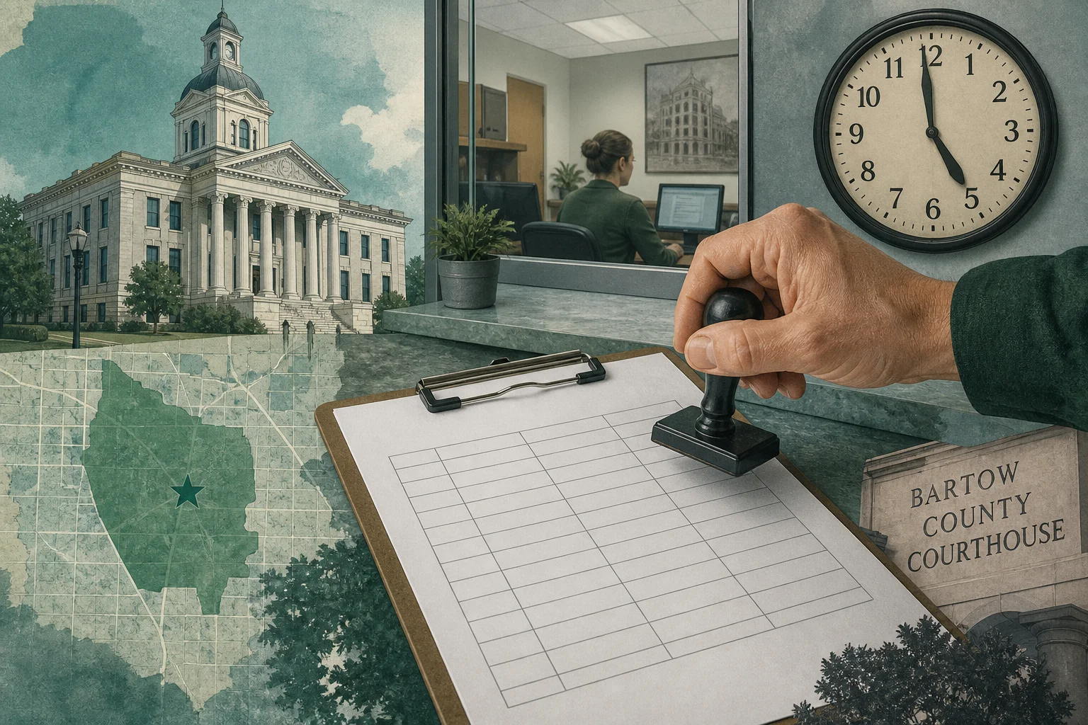 Editorial collage of a blank petition form being stamped RECEIVED at a Bartow courthouse counter with a clock showing 4:59 p.m.