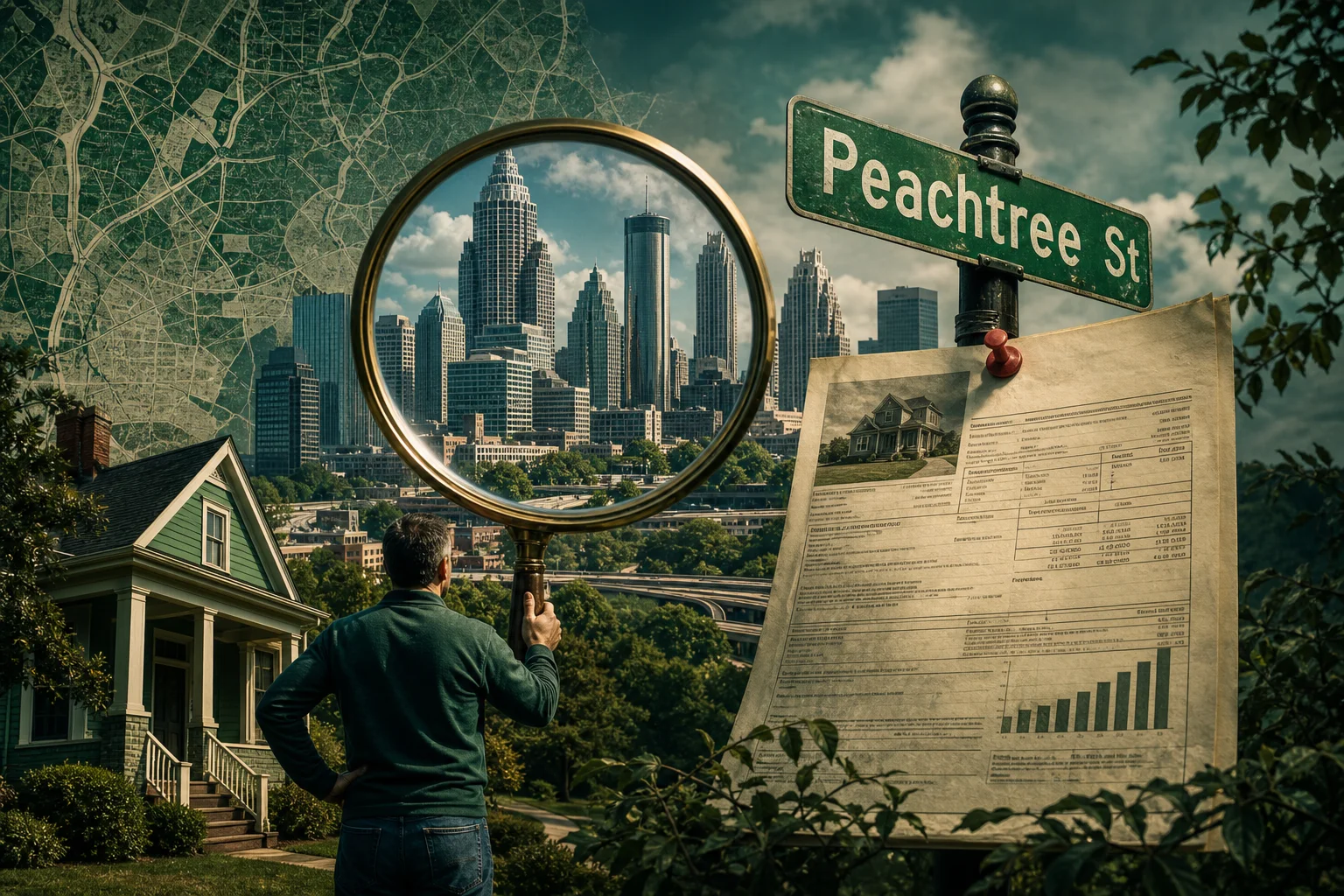Editorial collage of an Atlanta skyline seen through a magnifying glass held by a small homeowner, with an oversized Annual Notice of Assessment pinned to a Peachtree Street address
