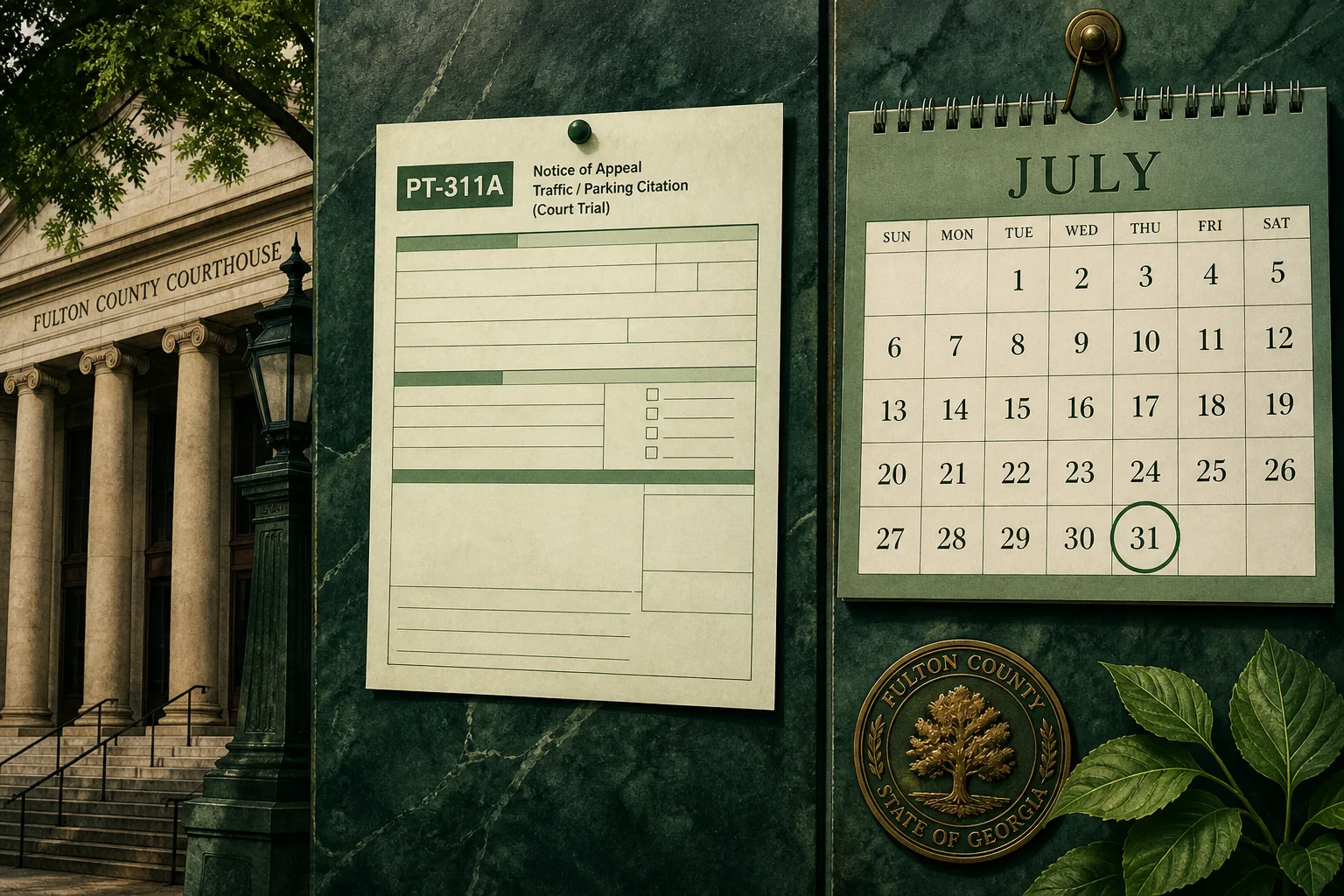 Editorial collage of a blank PT-311A appeal form pinned to a Fulton County courthouse wall next to a calendar showing July 31