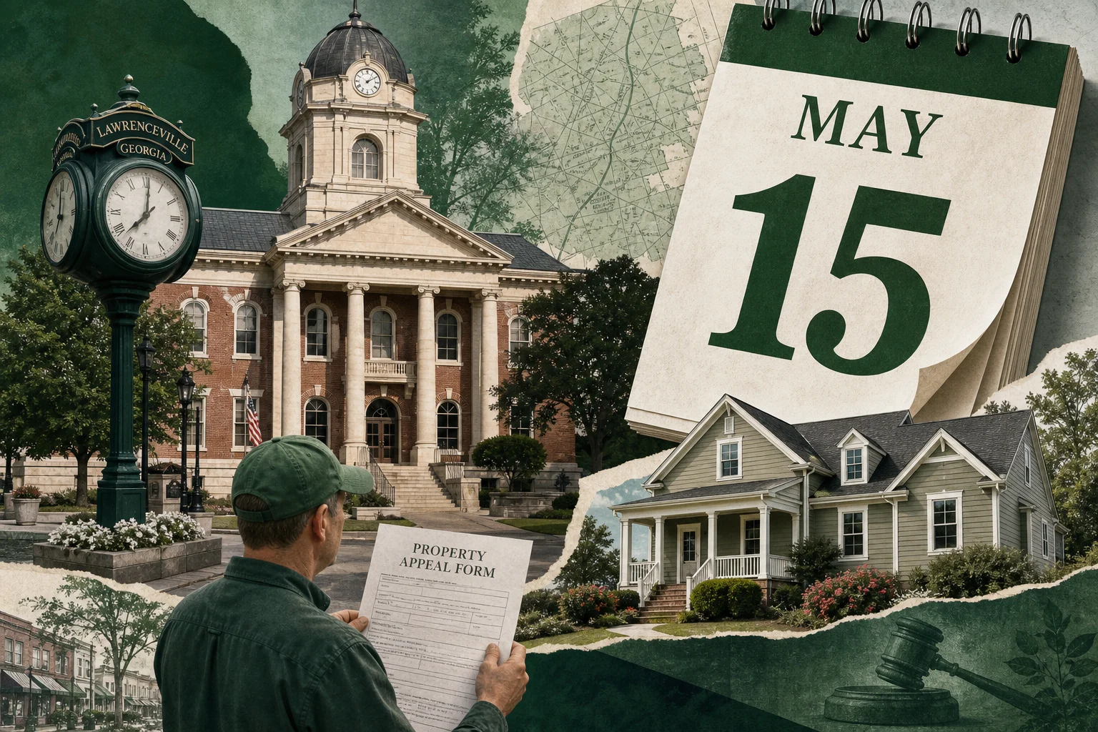 Editorial collage of a Lawrenceville Georgia courthouse with an oversized May 15 calendar page and a small homeowner holding a PT-311A form