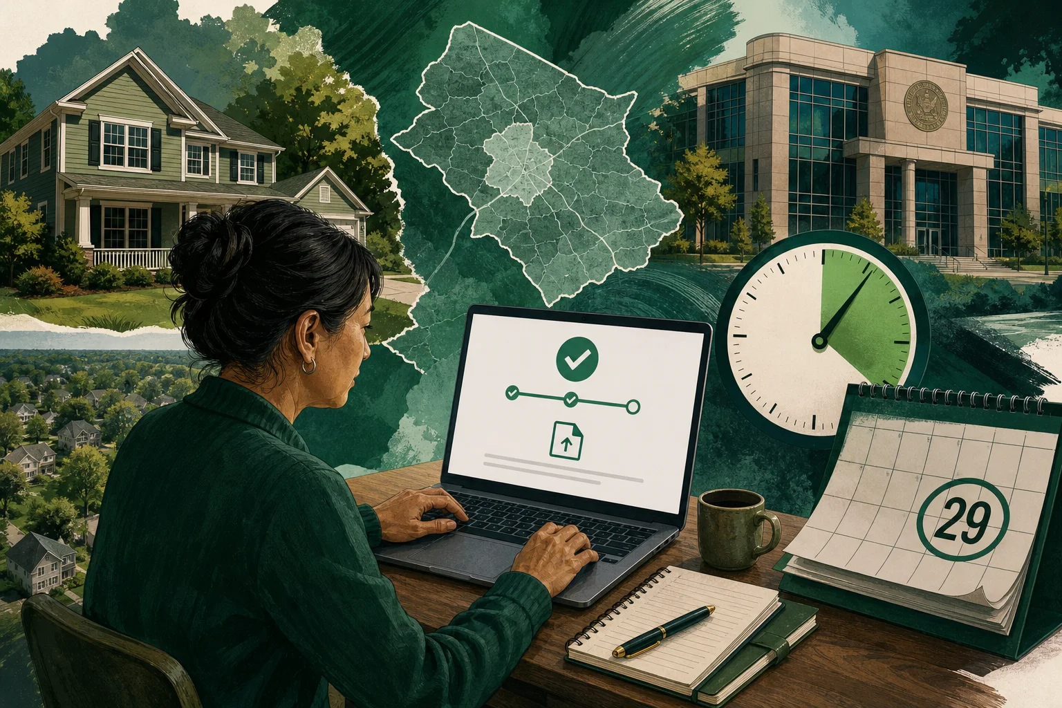 Editorial collage of a small homeowner submitting an online appeal on a laptop with a countdown timer showing hours left to the Gwinnett County June 29 deadline