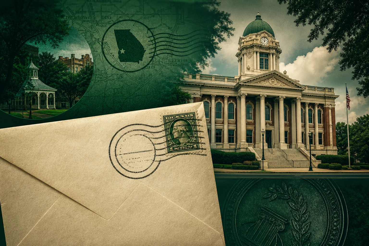 Editorial collage of a Marietta Georgia courthouse with an oversized mail envelope stamped USPS POSTMARKED in front of it, illustrating Cobb County's strict postmark requirement