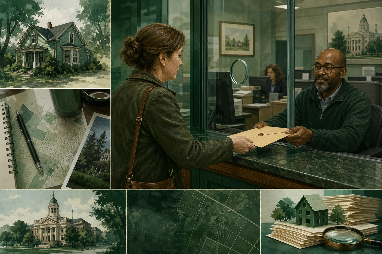 Editorial collage of a small homeowner hand-delivering a sealed appeal envelope to the Cobb County Tax Assessors office at 736 Whitlock Avenue, Marietta