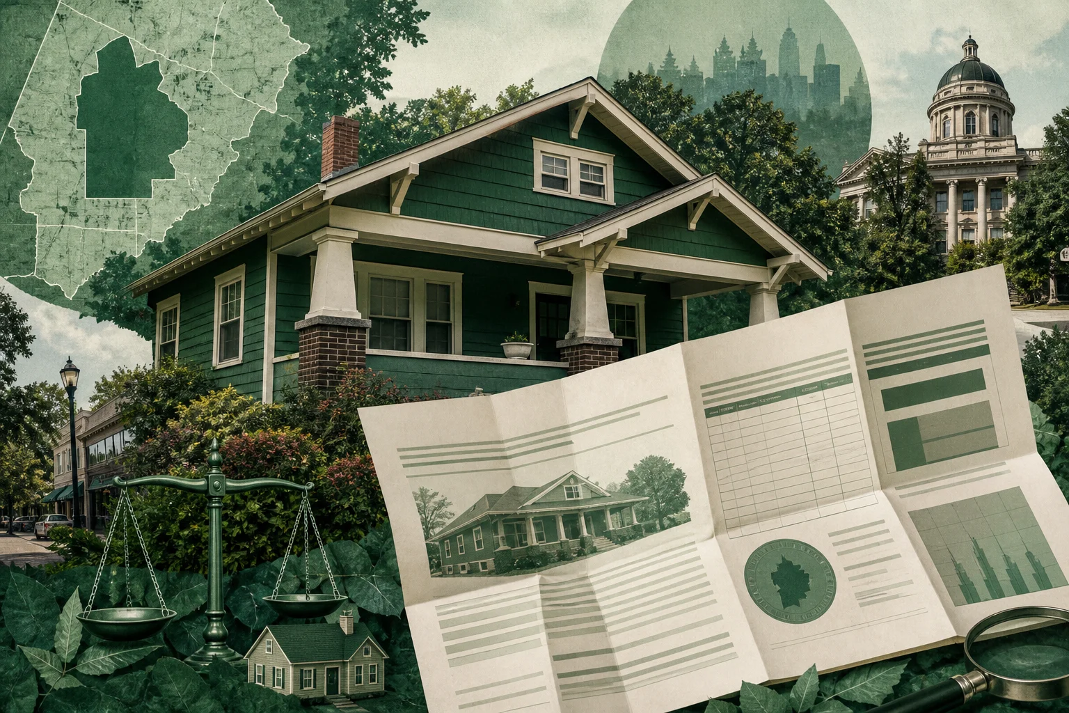 Editorial collage of a Decatur Georgia street scene with an oversized Annual Notice of Assessment unfolded in front of a classic bungalow, illustrating DeKalb County's high combined millage and the appeal deadline