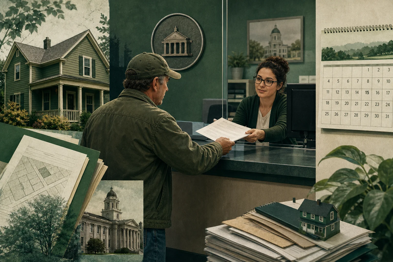 Editorial collage of a small homeowner submitting an appeal at a Decatur Georgia property appraisal office counter, with a calendar showing July 13 on the wall