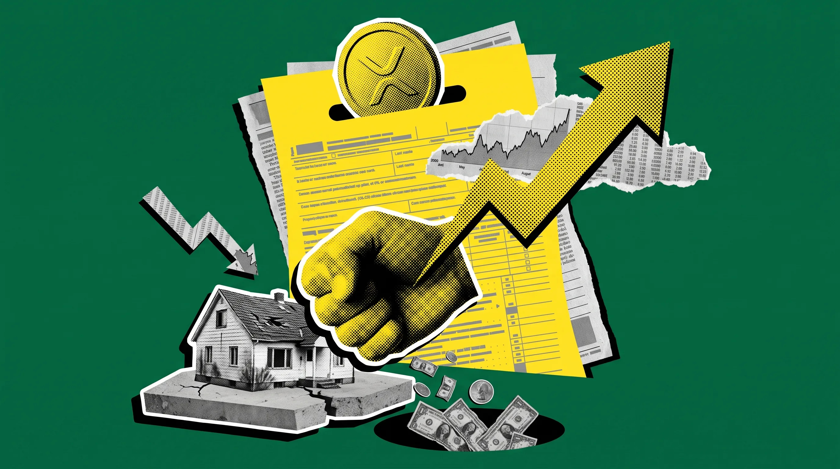 Property taxes rose 3% in 2025 while average U.S. home values fell 1.7% Editorial collage of a cracked house sinking into its foundation beside a rising tax arrow and money falling into a hole, illustrating 2025 property taxes rising while home values fell