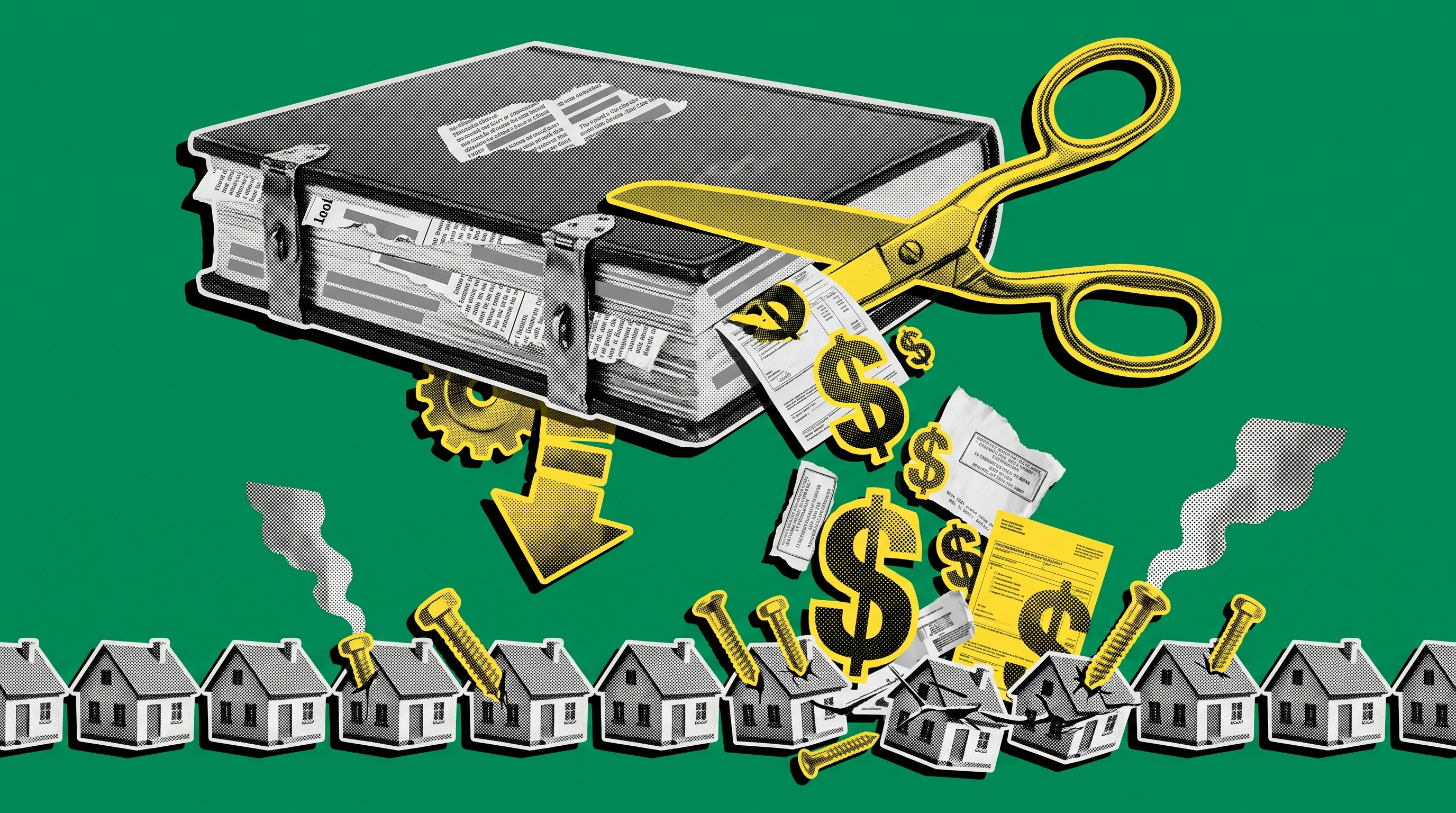 How the property tax levy is set before your assessment is applied Editorial collage of a government budget case cut open, raining dollar signs down onto a row of identical suburban houses, illustrating how the property tax levy is divided across a jurisdiction