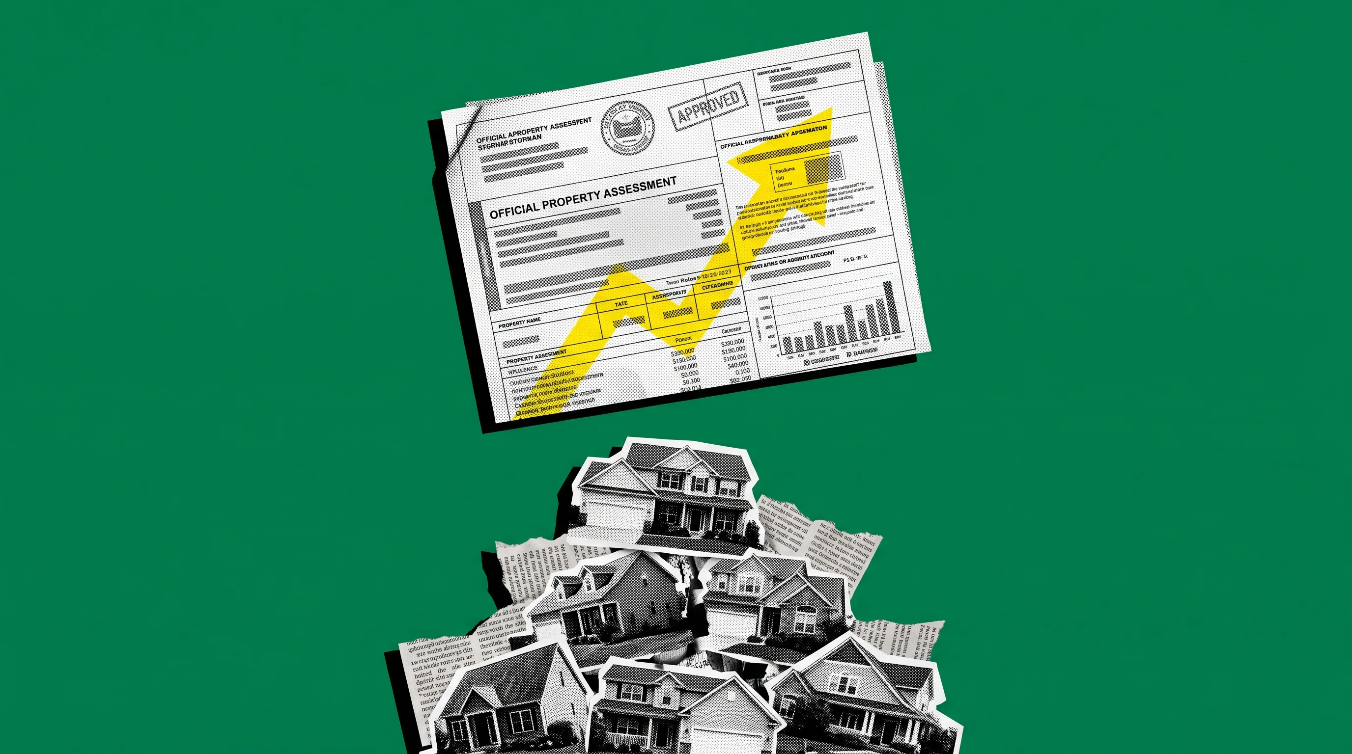 Falling comparable sales are the strongest evidence in a property tax appeal Editorial collage of an official property assessment notice floating above a pile of recently sold houses, the gap between them visible, illustrating how falling comparable sales build a property tax appeal case