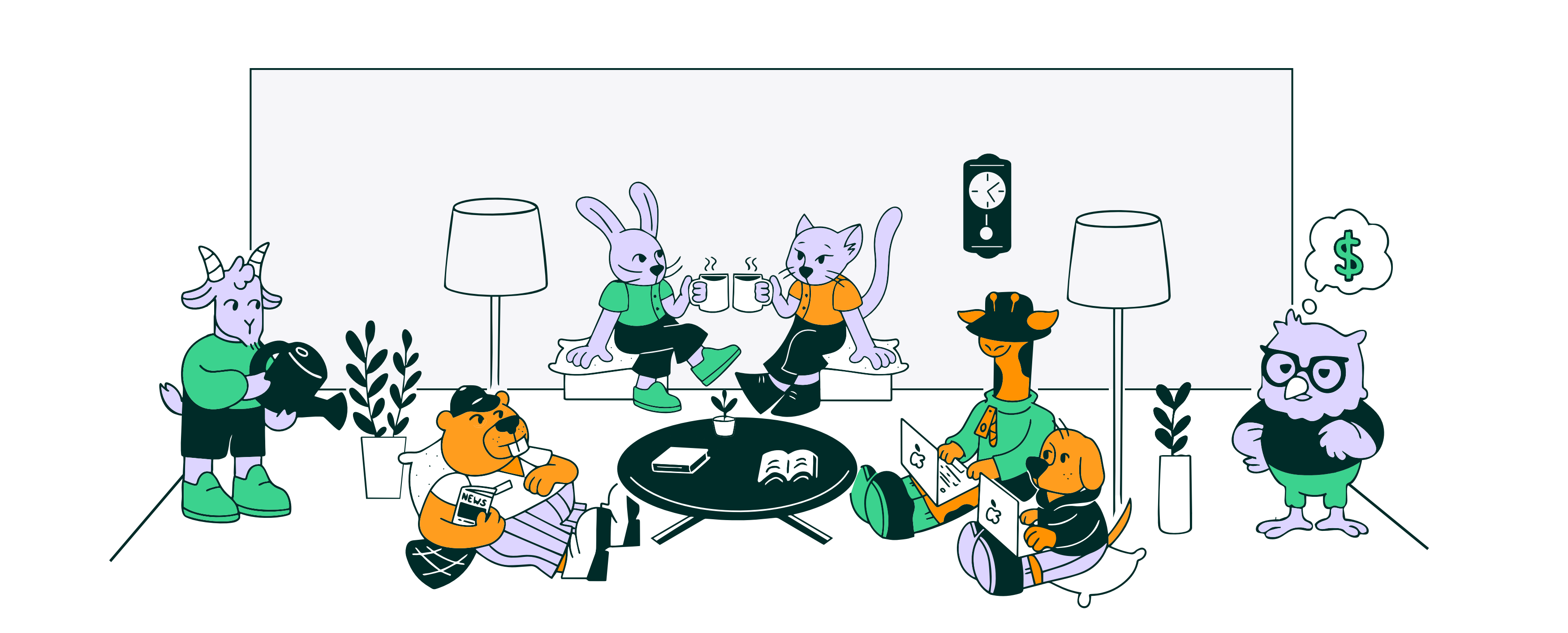 The PracticeDen characters gathered in a den, reading, talking, and working side by side