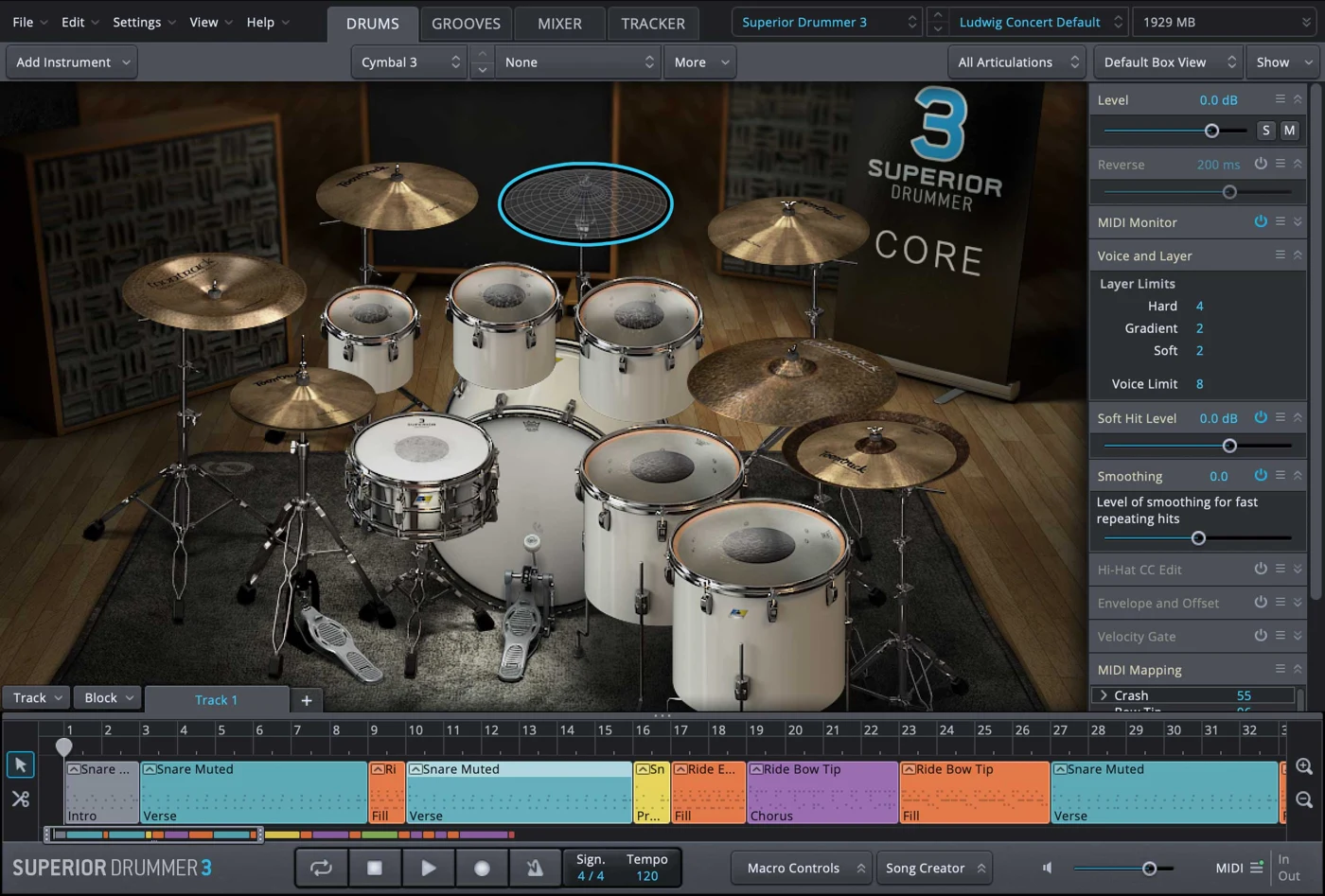 Superior Drummer 3 detailed drum kit and production interface
