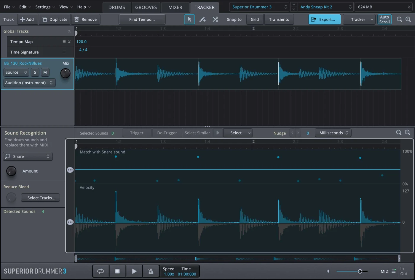 Superior Drummer 3 Tracker converting drum audio to MIDI