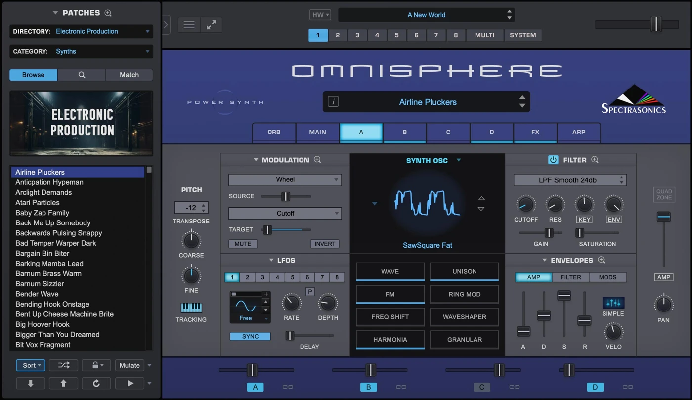 Omnisphere 3 interface with patch browser synthesis controls and hybrid sound sources