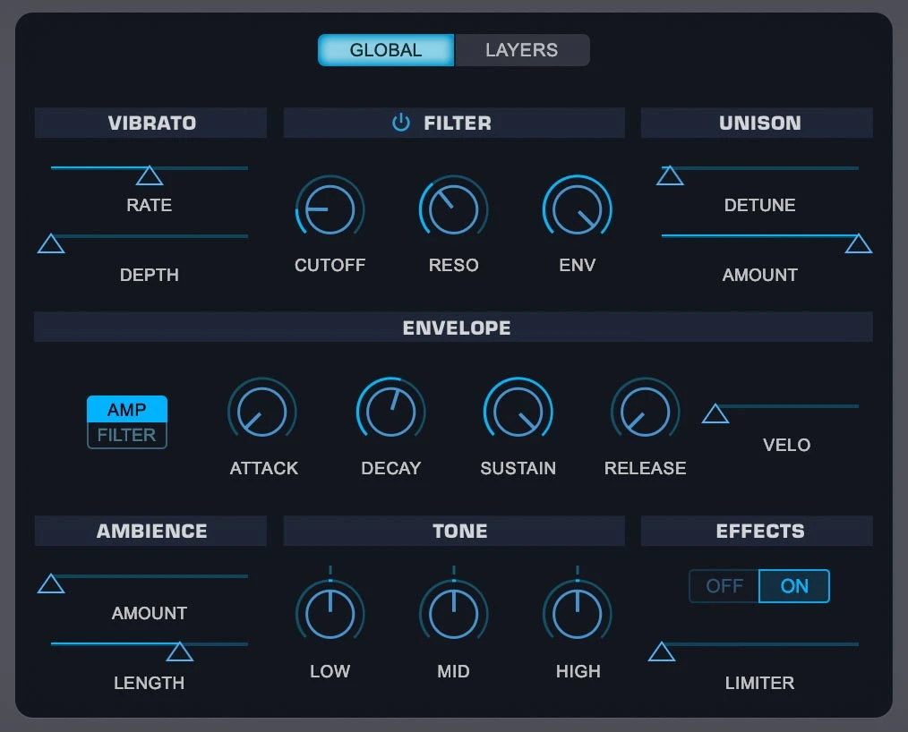 Omnisphere 3 adaptive global controls for tone ambience filter envelope vibrato and unison