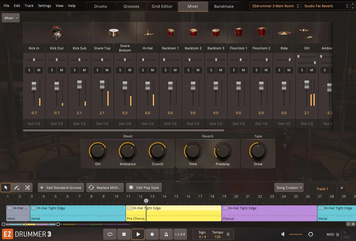 EZdrummer 3 mixer with preset-oriented drum controls