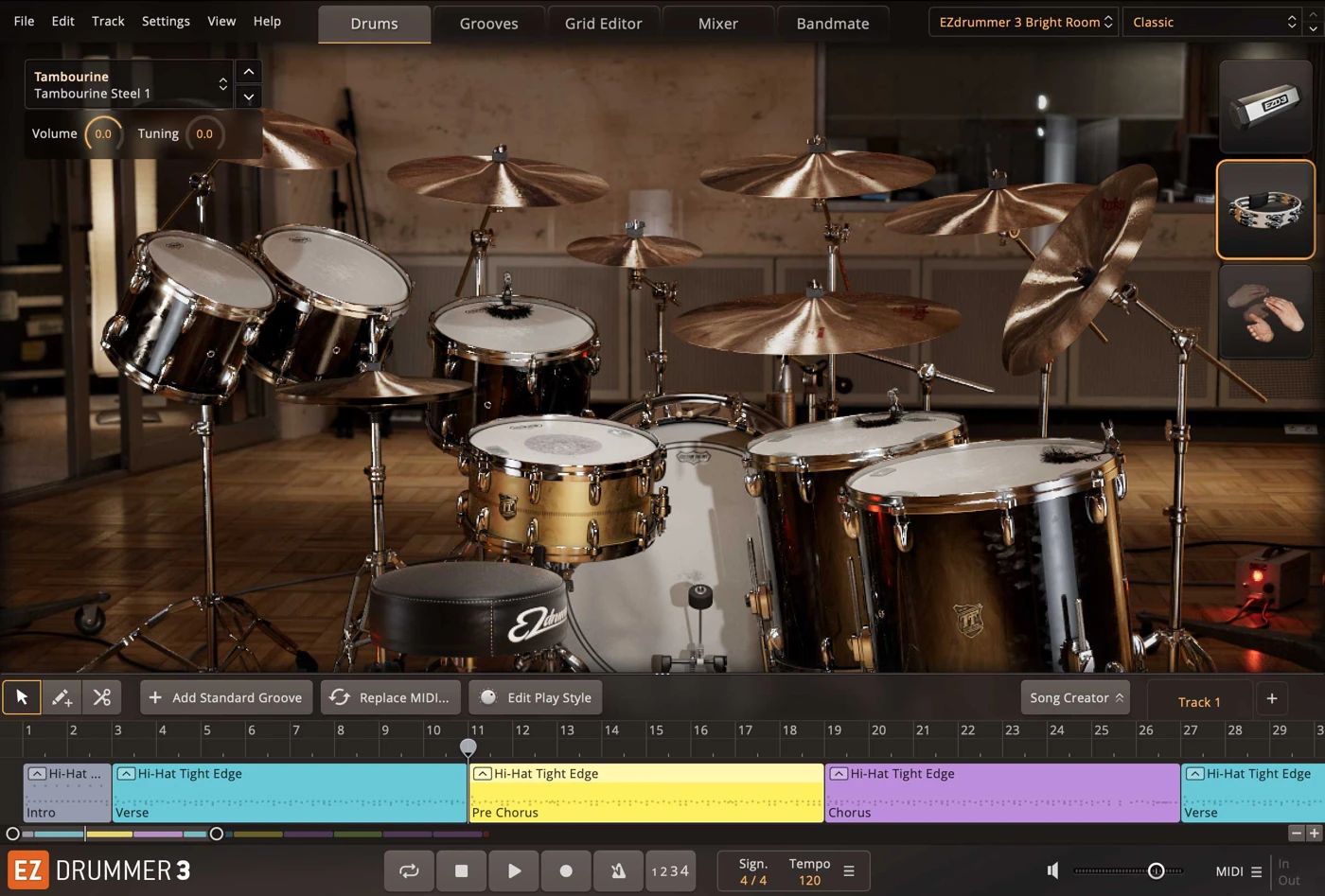 EZdrummer 3 drum kit interface and Song Track