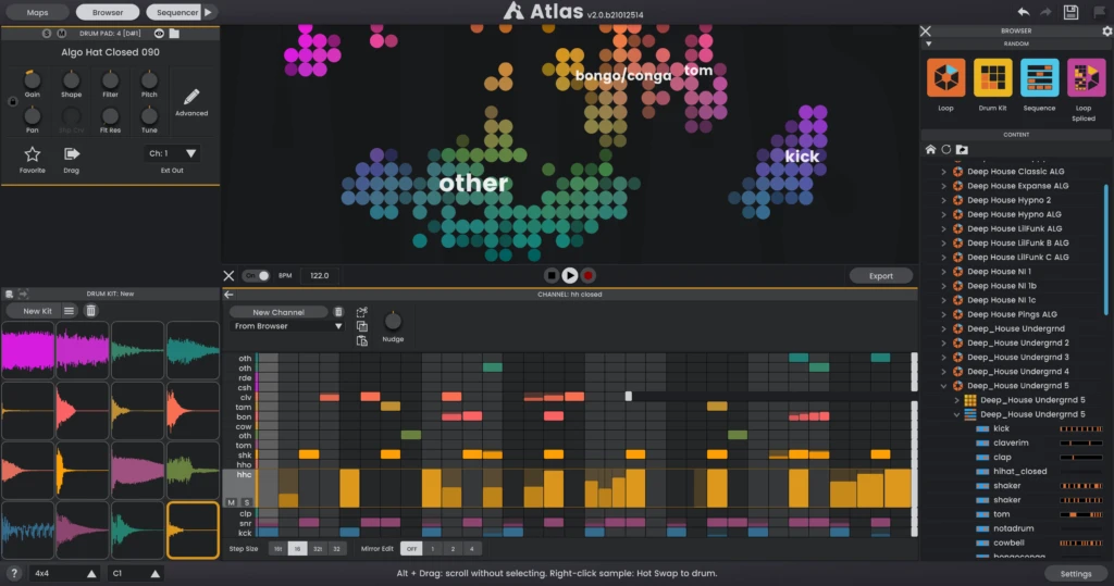 Algonaut Atlas 2 interface showing its drum sample and beat making workflow