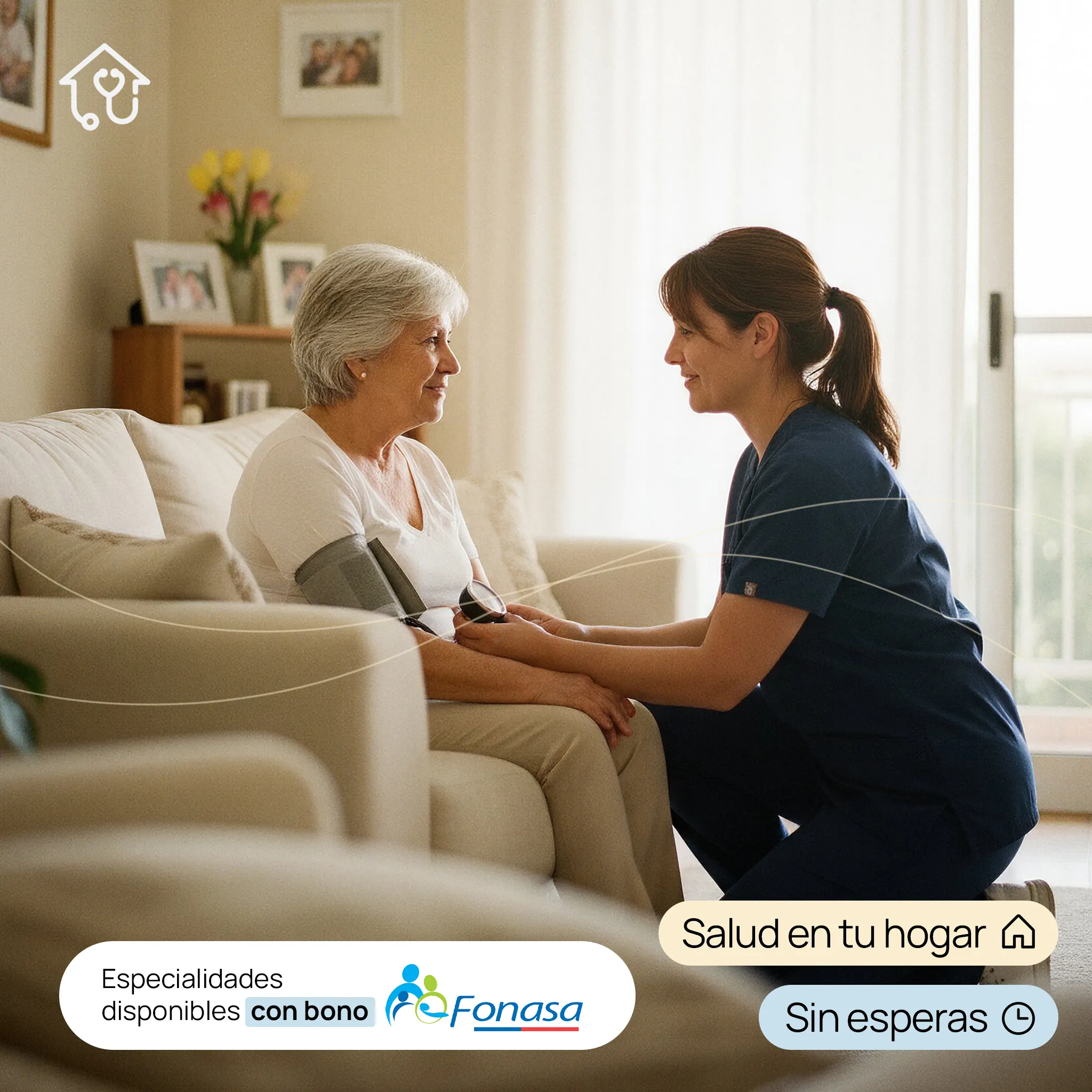 Profesional de enfermería de SANAD controlando la presión a una paciente en su casa