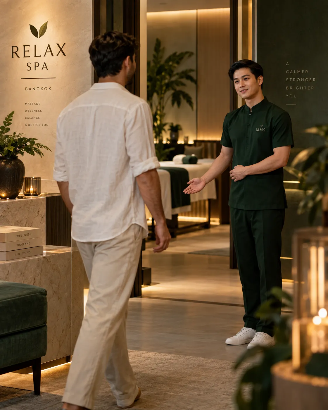 Male therapist welcoming a guest at Relax Spa by 9