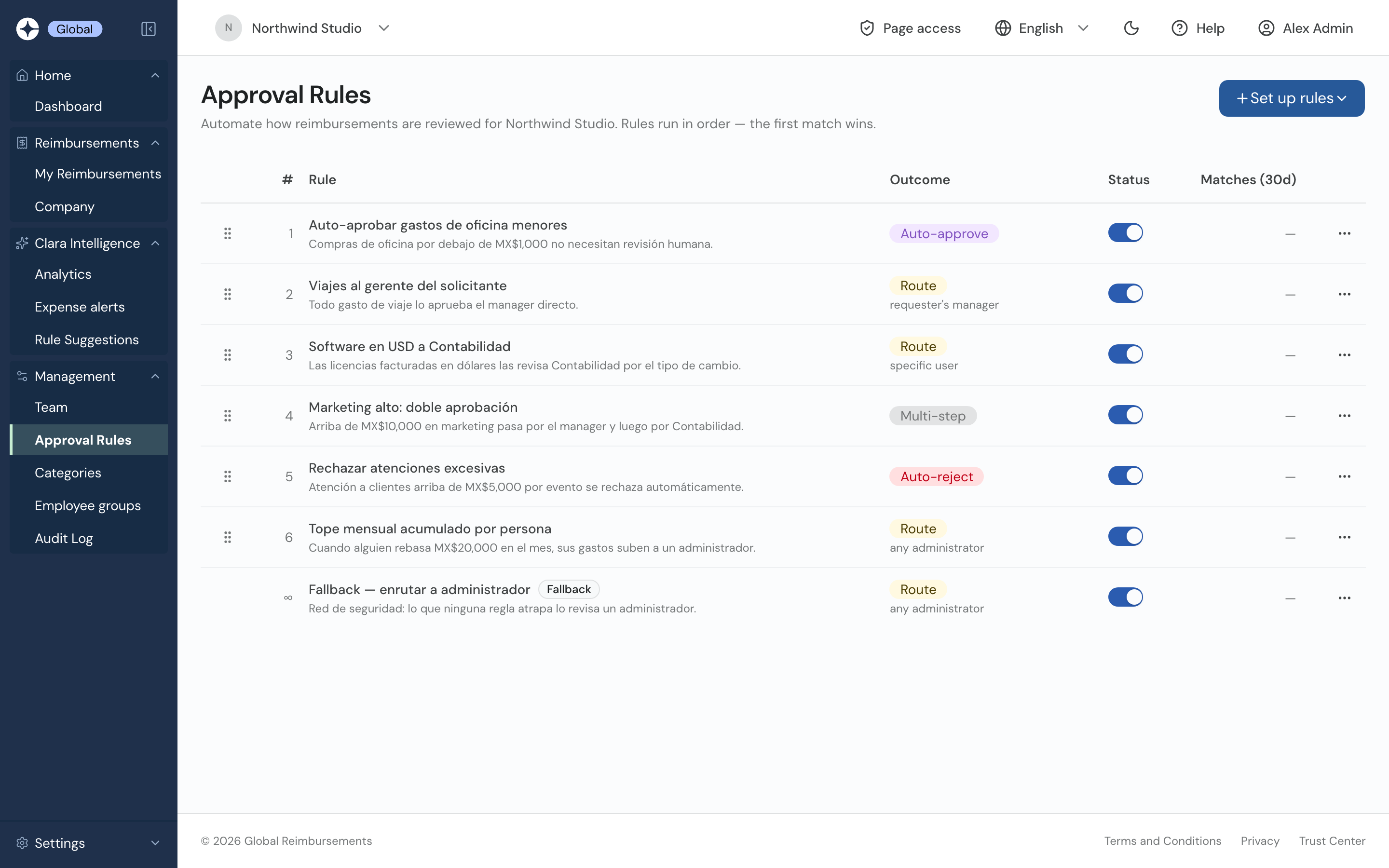 Approval rules list: auto-approve, route, multi-step and auto-reject rules that run in order, plus a fallback to an administrator