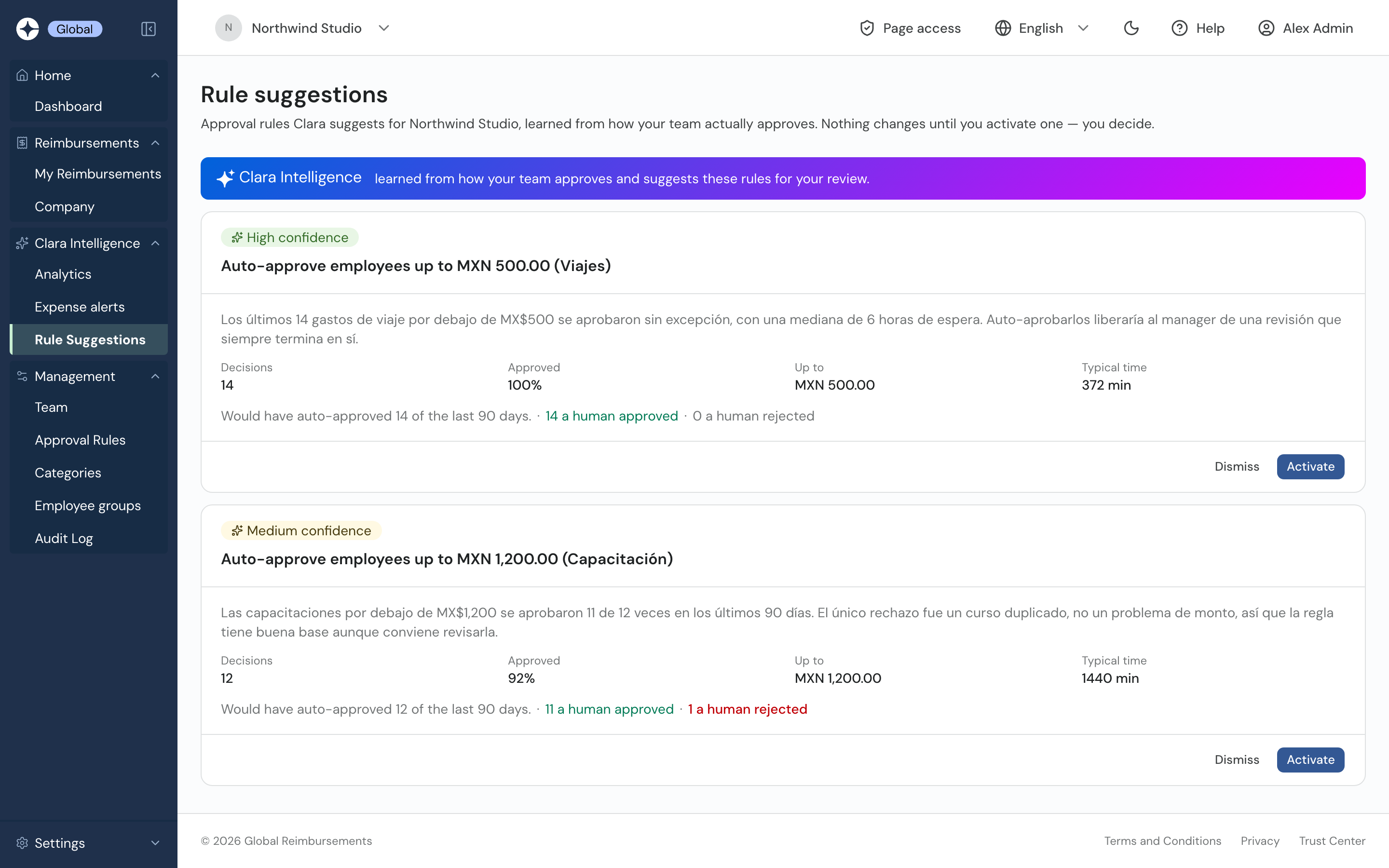Rule suggestions: approval rules Clara learned from past approvals, with confidence, decisions, approval rate and backtest