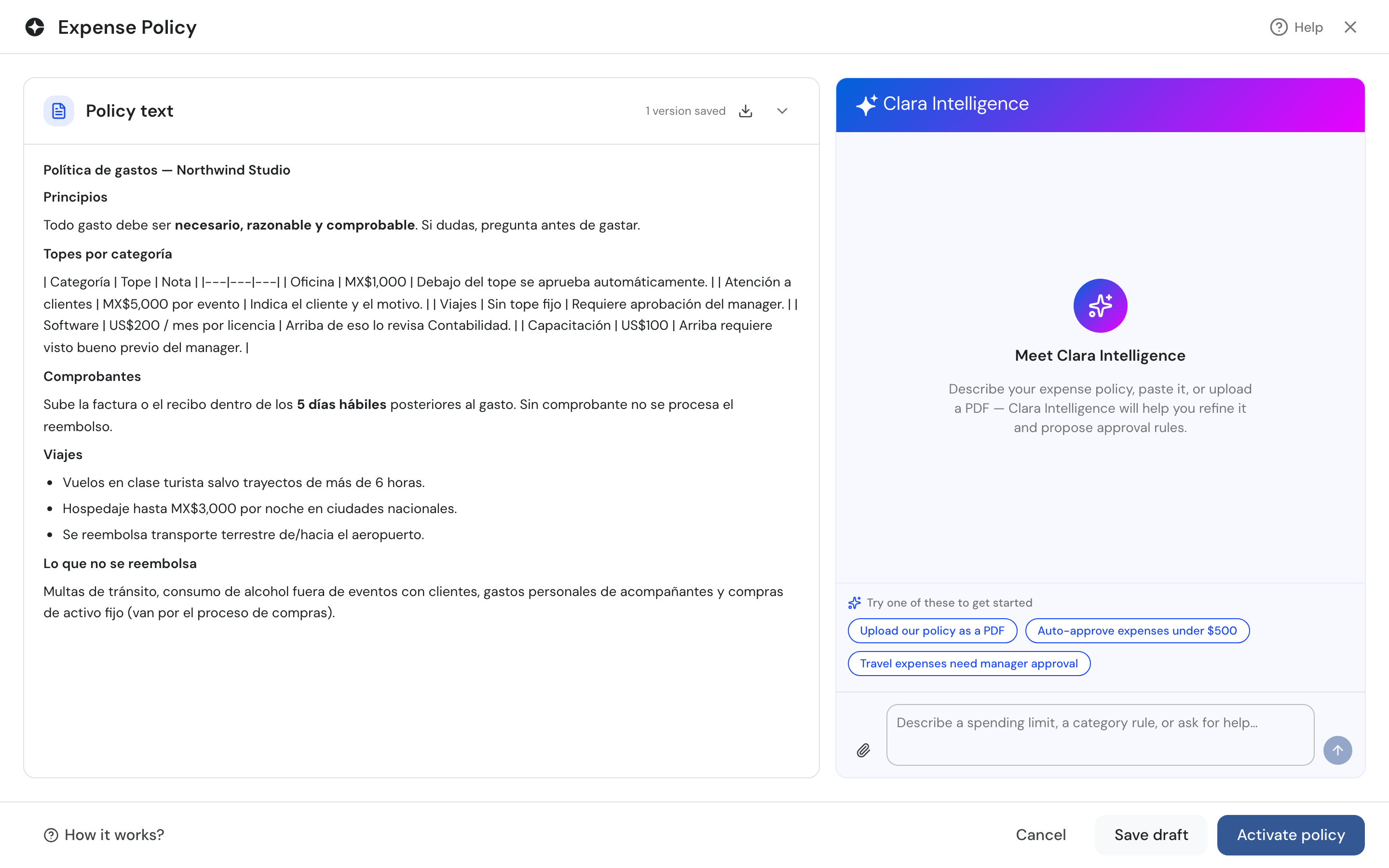 Expense Policy screen: the company's policy text next to the Clara Intelligence assistant that proposes approval rules