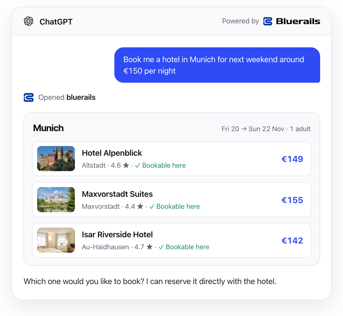 ChatGPT booking a hotel in Munich with Bluerails