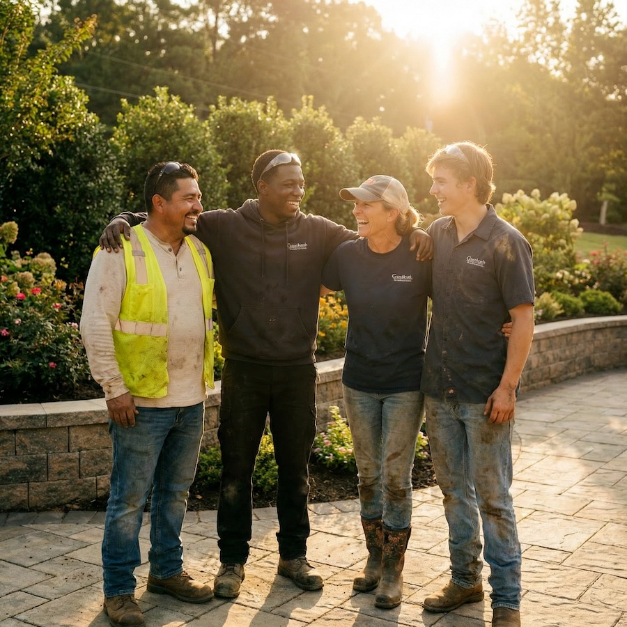 A landscape crew standing together at a finished job, arms around each other
