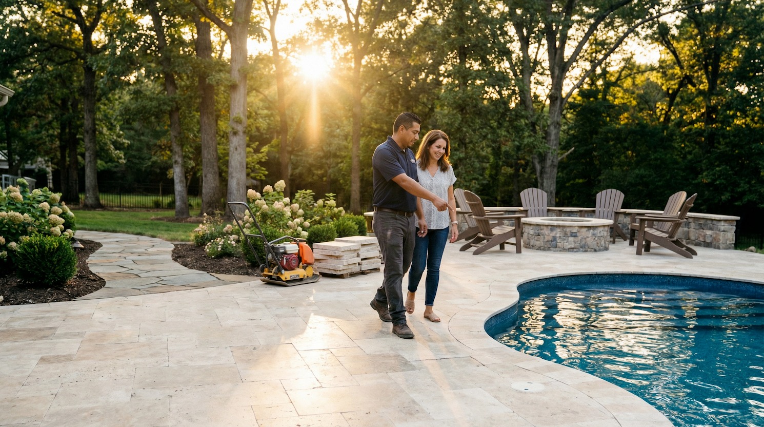 A couple walking their finished backyard with a curved pool and fire pit