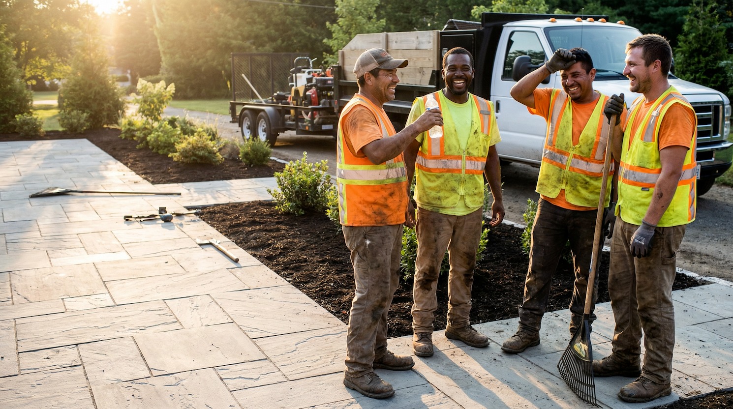 A crew laughing together on a paver driveway at golden hour