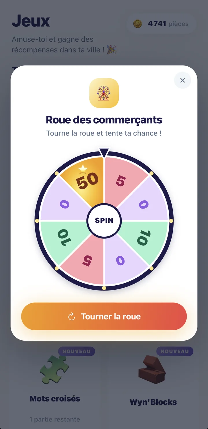 Roue des commerçants dans l'appli Wynlo