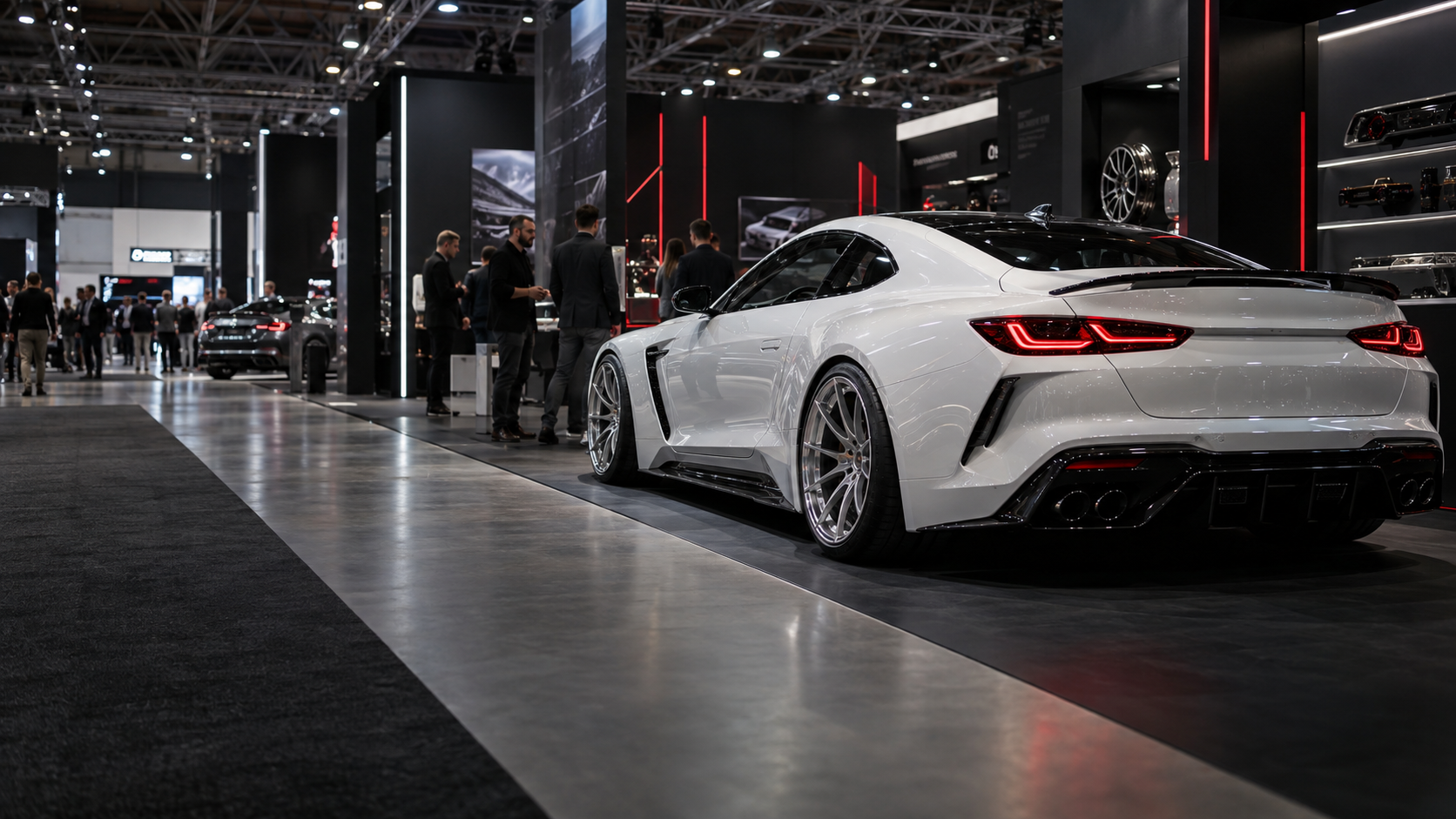 Illustrative white sports coupe and exhibiting businesses inside an automotive trade-show hall