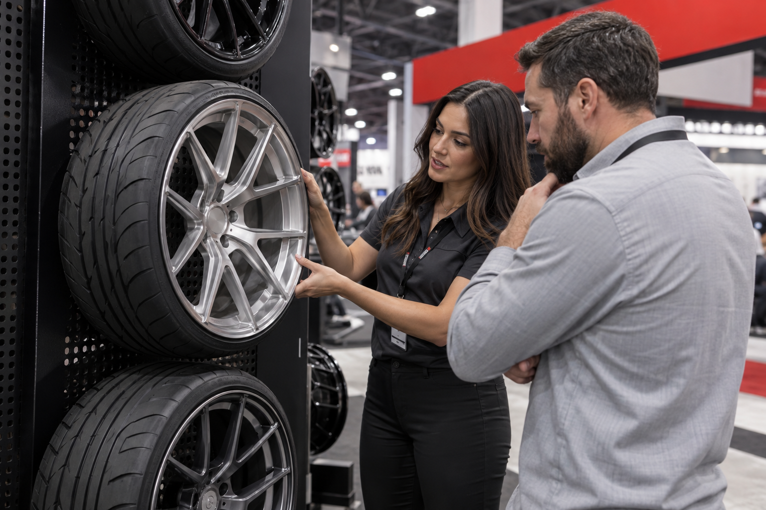 Illustrative wheel brand exhibitor and trade visitor discussing a forged alloy wheel
