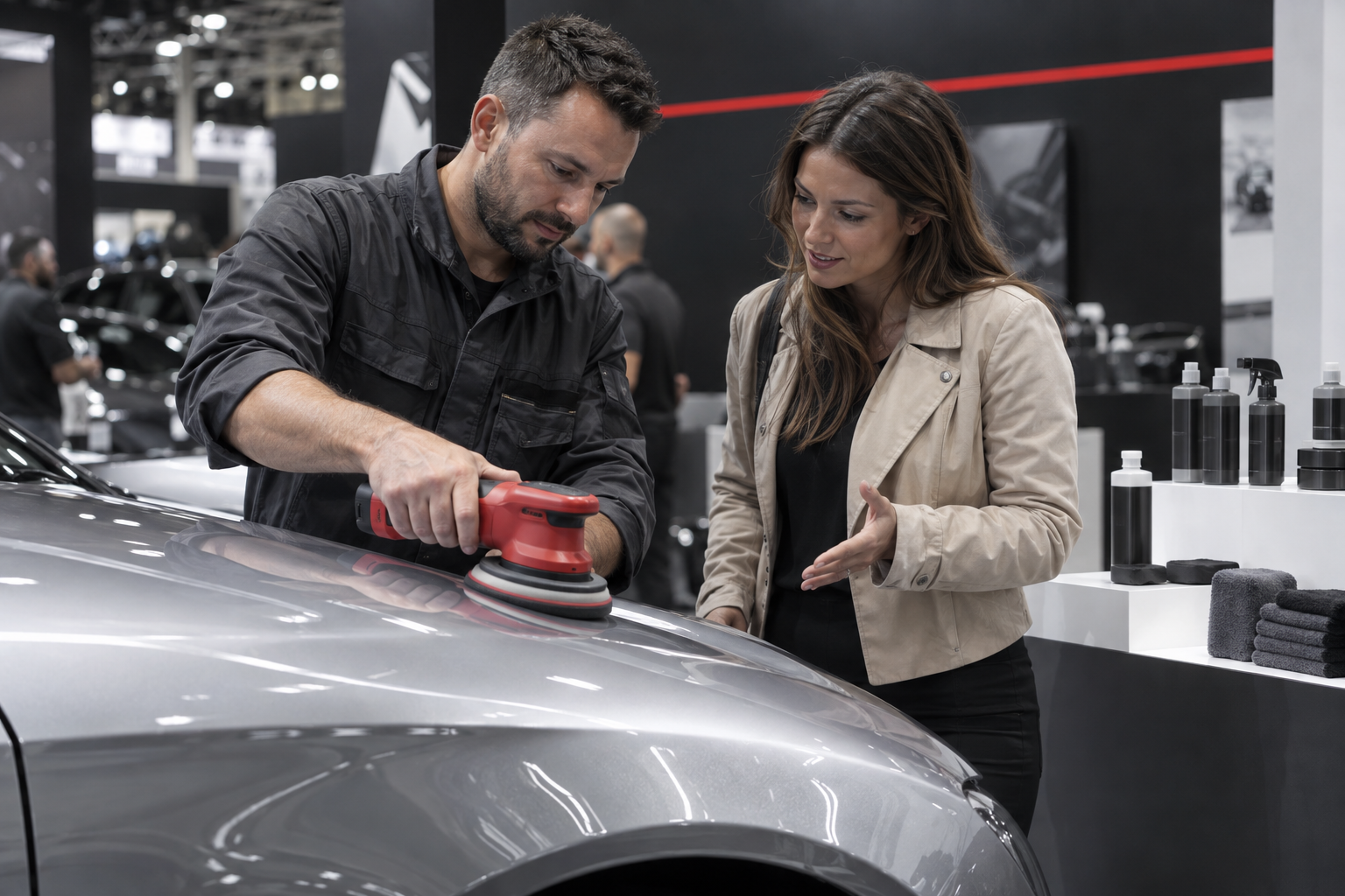 Illustrative detailing specialist demonstrating a polishing tool to an industry visitor
